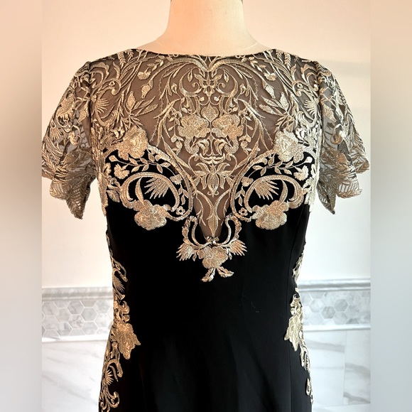 Marchesa Notte Mermaid Black Stretch Crepe and Gold Lace Embroidered Ball Gown 8 - Picture 3 of 16